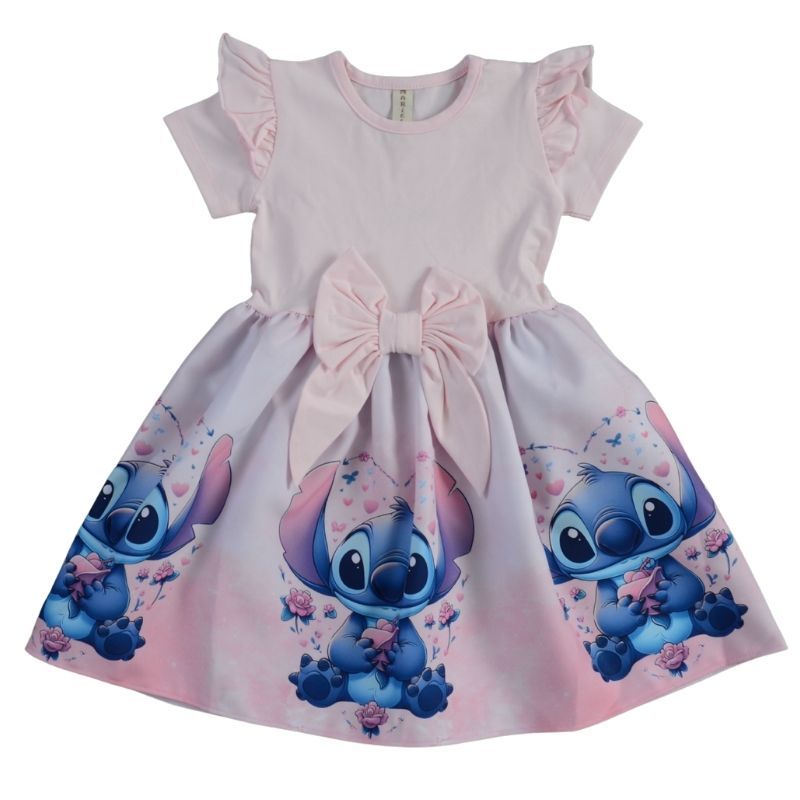 Снимка на Памучна детска рокля с къдрички и панделка Stitch в розово, MARIELA, цена 20.00 лв