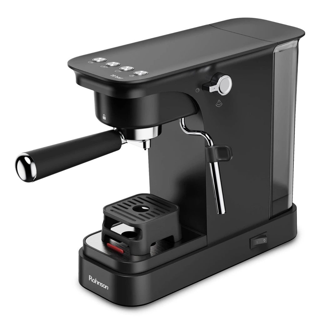 Еспресо машина Rohnson R-98026, 1400W, 20bar, 0.8L резервоар, Дюза за капучино, Тънък дизайн, Черен от Potrebno — продуктова снимка